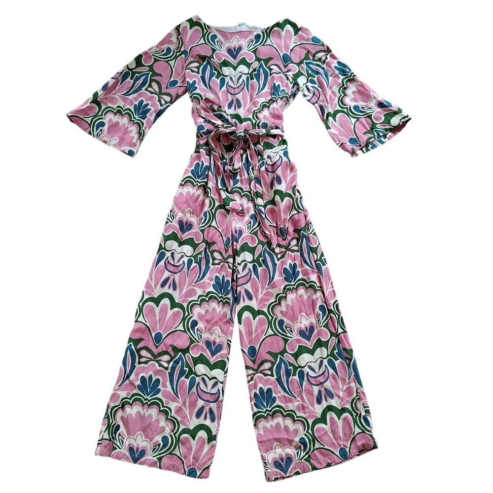Boden Wide Leg Jumpsuit Boho Coastal Floral Pink Belted 6 Petite